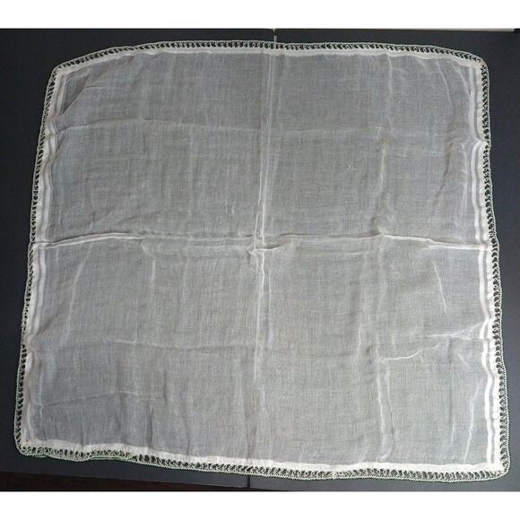 VINTAGE White Muslin Scarf with Green Beaded Trim – Handkerchief 26.5” x 26.5” - Picture 2 of 11